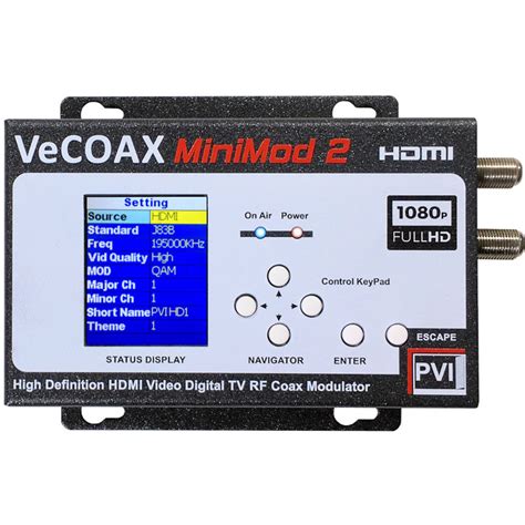 Contact information for renew-deutschland.de - VeCOAX Minimod-2 FULL HD RF Modulator Local Color Display Control + PC control. Send one HDMI Video from any HDMI Video source to all TVs as an HDTV Full HD Channel at any distance. Find your Full HD 1080P channel on all TVs by simply rescanning the TV Channel List! 